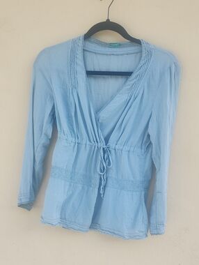 United Colors Of Benetton Pale Blue Tie-Waist V-Neck Blouse